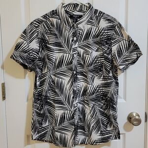 Forever 21 Black and White Palm Floral Leaf Print Men's Button Up Shirt LARGE